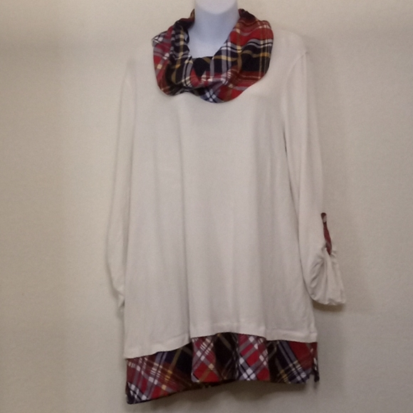 Ali Miles Cowl Neck Tunic with Plaid Trim - Picture 2 of 15